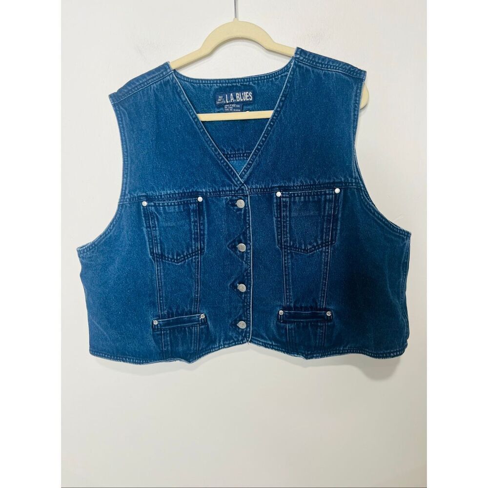 L.A. Blues Vintage Denim Jean Vest Motorcycle Western Plus Sz 26/28 Pockets 100%